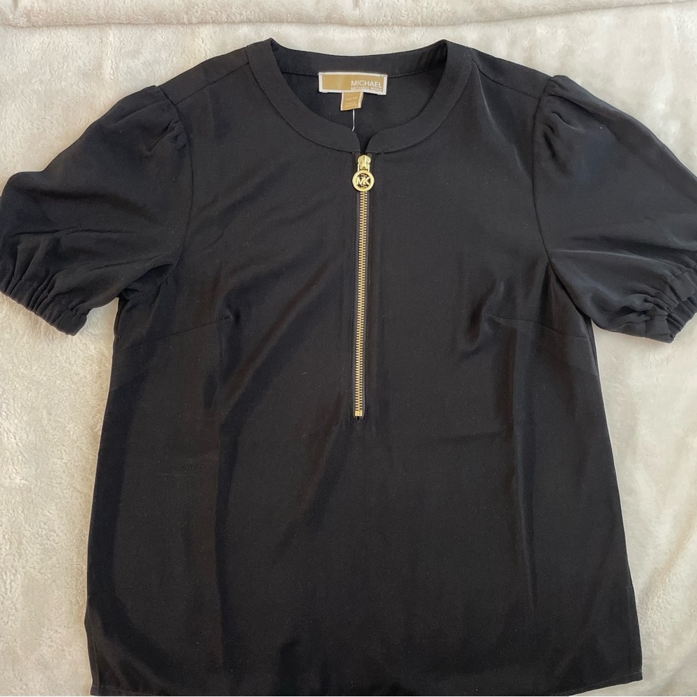 Michael Kors Black Short Sleeve Top with Gold Zip
